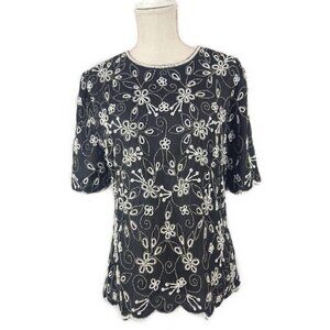 Laurence Kazar New York Beaded Evening Top Women's Sz L Black Silk Short Sleeve